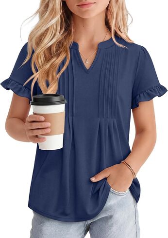 Ficerd Girls' Puff Short Sleeve T Shirts V Neck Pleated Tunic Tops Casual Kids Summer Loose Ruffle Plain Tees 5-14 Years in Kuwait