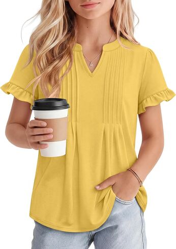 Ficerd Girls' Puff Short Sleeve T Shirts V Neck Pleated Tunic Tops Casual Kids Summer Loose Ruffle Plain Tees 5-14 Years in Kuwait