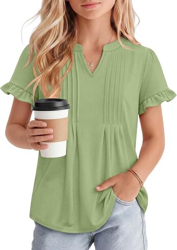 Ficerd Girls' Puff Short Sleeve T Shirts V Neck Pleated Tunic Tops Casual Kids Summer Loose Ruffle Plain Tees 5-14 Years in Kuwait