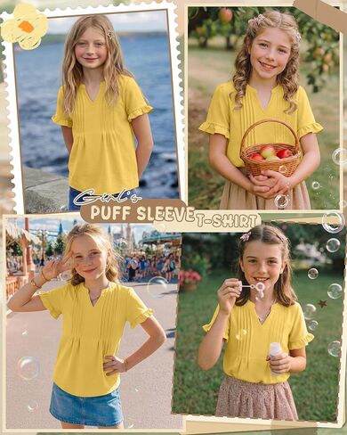 Ficerd Girls' Puff Short Sleeve T Shirts V Neck Pleated Tunic Tops Casual Kids Summer Loose Ruffle Plain Tees 5-14 Years in Kuwait