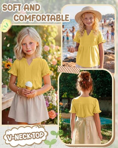 Ficerd Girls' Puff Short Sleeve T Shirts V Neck Pleated Tunic Tops Casual Kids Summer Loose Ruffle Plain Tees 5-14 Years in Kuwait