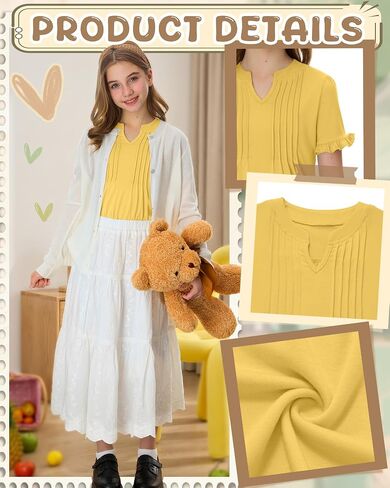 Ficerd Girls' Puff Short Sleeve T Shirts V Neck Pleated Tunic Tops Casual Kids Summer Loose Ruffle Plain Tees 5-14 Years in Kuwait