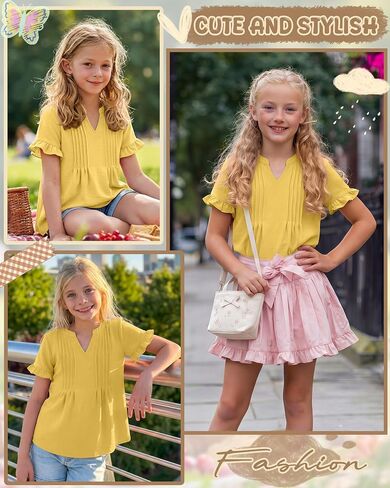 Ficerd Girls' Puff Short Sleeve T Shirts V Neck Pleated Tunic Tops Casual Kids Summer Loose Ruffle Plain Tees 5-14 Years in Kuwait