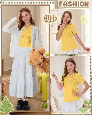 Ficerd Girls' Puff Short Sleeve T Shirts V Neck Pleated Tunic Tops Casual Kids Summer Loose Ruffle Plain Tees 5-14 Years in Kuwait