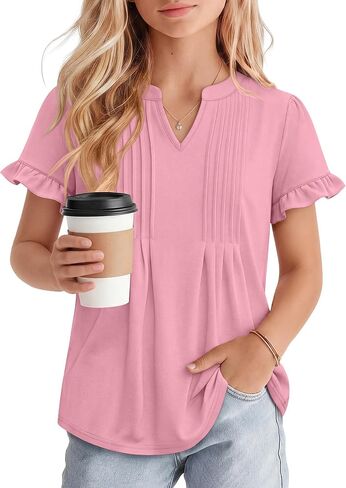 Ficerd Girls' Puff Short Sleeve T Shirts V Neck Pleated Tunic Tops Casual Kids Summer Loose Ruffle Plain Tees 5-14 Years in Kuwait