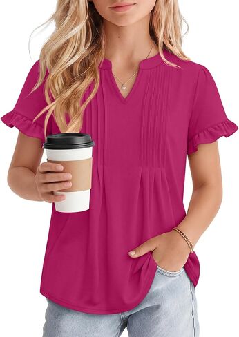 Ficerd Girls' Puff Short Sleeve T Shirts V Neck Pleated Tunic Tops Casual Kids Summer Loose Ruffle Plain Tees 5-14 Years in Kuwait