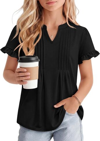 Ficerd Girls' Puff Short Sleeve T Shirts V Neck Pleated Tunic Tops Casual Kids Summer Loose Ruffle Plain Tees 5-14 Years in Kuwait