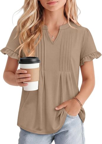 Ficerd Girls' Puff Short Sleeve T Shirts V Neck Pleated Tunic Tops Casual Kids Summer Loose Ruffle Plain Tees 5-14 Years in Kuwait
