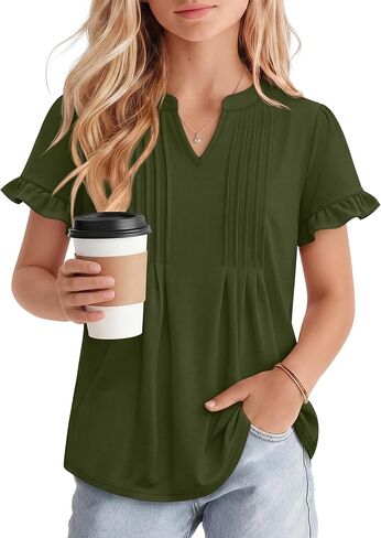 Ficerd Girls' Puff Short Sleeve T Shirts V Neck Pleated Tunic Tops Casual Kids Summer Loose Ruffle Plain Tees 5-14 Years in Kuwait