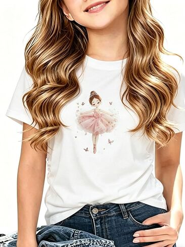 LUCKYLI Girls T Shirt - 3D Tulle Ballet Tee, Shirred Sides, Neck Tape, Digital Print, Romantic Princess Top 4-12Y in Kuwait