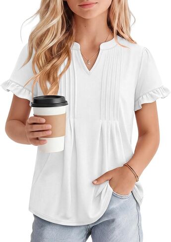 Ficerd Girls' Puff Short Sleeve T Shirts V Neck Pleated Tunic Tops Casual Kids Summer Loose Ruffle Plain Tees 5-14 Years in Kuwait