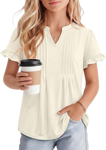 Ficerd Girls' Puff Short Sleeve T Shirts V Neck Pleated Tunic Tops Casual Kids Summer Loose Ruffle Plain Tees 5-14 Years in Kuwait