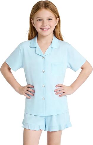 100% Cotton Pajama Set, Button-Down Short Sleeve Sleepwear 2 Pieces Set for Ages 5-14 in Saudi Arabia