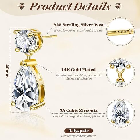Drop Dangle Earrings for Women 14K Gold Plated Cubic Zircon Teardrop Wedding Earrings 925 Sterling Silver Post Dainty Dangling Bridesmaid Bridal Earring Jewelry Gifts for Prom Formal in Saudi Arabia