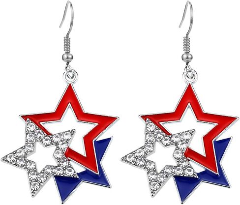 4th of July Patriotic Dangle Earrings for Women,American Flag Striped Acrylic Star Heart Drop Earrings with Sparkly Alloy Design,Independence Day Outfit Accessories for Women in Saudi Arabia