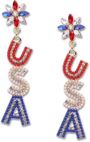 Jean Beau 4th of July Patriotic Earrings for Women, American Flag Red White Blue Rhinestone Dangle Earrings Independence Day Memorial Day Labor Day USA Gift in Kuwait