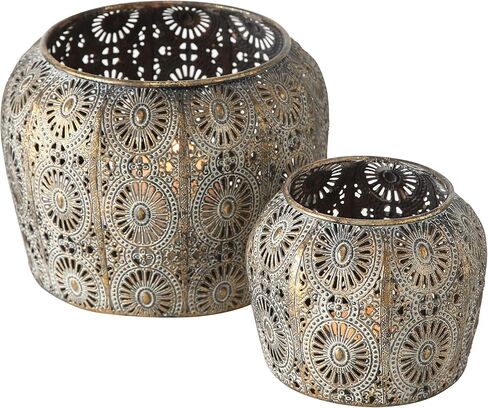 2 Piece Daisy Hurricane Lantern Set, Lattice, Mandala Pattern Metal Work, Distressed Gold, White Gray Patina, Iron, Larger 7 Diameter x 5 Tall inches, Smaller 4.25 Diameter x 4 Tall inches in Kuwait