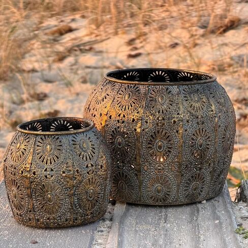 2 Piece Daisy Hurricane Lantern Set, Lattice, Mandala Pattern Metal Work, Distressed Gold, White Gray Patina, Iron, Larger 7 Diameter x 5 Tall inches, Smaller 4.25 Diameter x 4 Tall inches in Kuwait