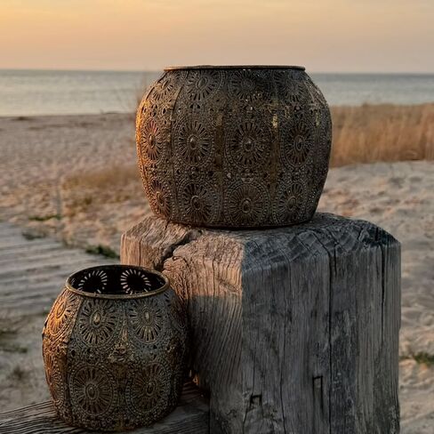 2 Piece Daisy Hurricane Lantern Set, Lattice, Mandala Pattern Metal Work, Distressed Gold, White Gray Patina, Iron, Larger 7 Diameter x 5 Tall inches, Smaller 4.25 Diameter x 4 Tall inches in Kuwait
