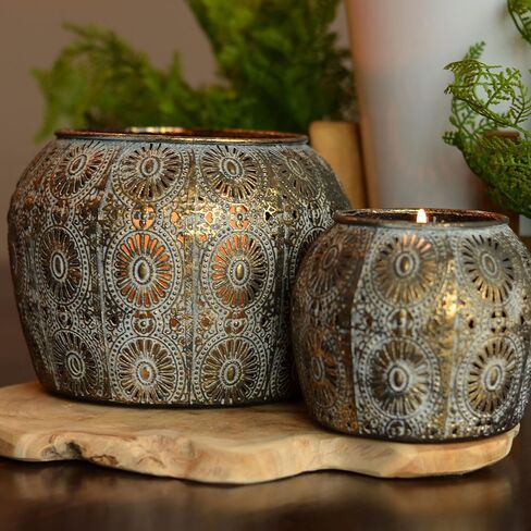 2 Piece Daisy Hurricane Lantern Set, Lattice, Mandala Pattern Metal Work, Distressed Gold, White Gray Patina, Iron, Larger 7 Diameter x 5 Tall inches, Smaller 4.25 Diameter x 4 Tall inches in Kuwait