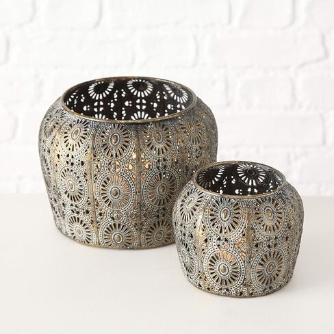 2 Piece Daisy Hurricane Lantern Set, Lattice, Mandala Pattern Metal Work, Distressed Gold, White Gray Patina, Iron, Larger 7 Diameter x 5 Tall inches, Smaller 4.25 Diameter x 4 Tall inches in Kuwait