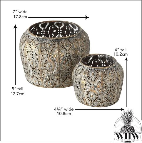 2 Piece Daisy Hurricane Lantern Set, Lattice, Mandala Pattern Metal Work, Distressed Gold, White Gray Patina, Iron, Larger 7 Diameter x 5 Tall inches, Smaller 4.25 Diameter x 4 Tall inches in Kuwait