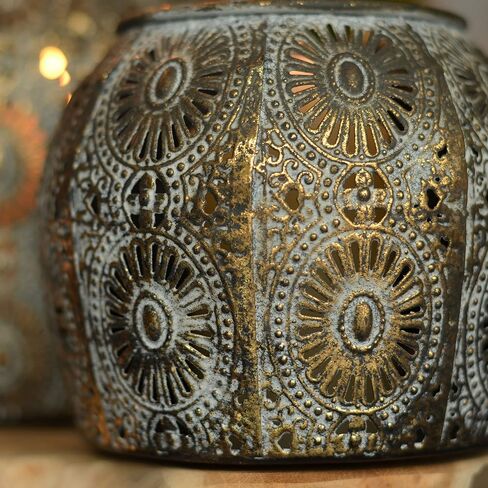 2 Piece Daisy Hurricane Lantern Set, Lattice, Mandala Pattern Metal Work, Distressed Gold, White Gray Patina, Iron, Larger 7 Diameter x 5 Tall inches, Smaller 4.25 Diameter x 4 Tall inches in Kuwait