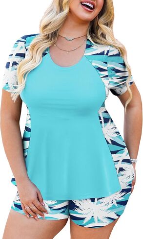 FOLUNSI Women's Plus Size Swimsuits Short Sleeve Two Piece Bathing Suit with Swim Shrit and Shorts 0X-4X in Saudi Arabia