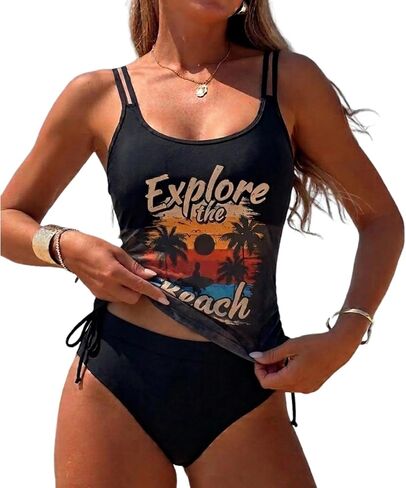Sexybody Womens Tankini Swimsuits Striped Tummy Control Two Piece Bathing Suit High Waisted Bikini Set Drawstring Swim Suits in Saudi Arabia