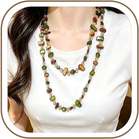 Colorful Irregular Beaded Long Necklace for Women Boho Handmade Shell & Glass Bead Choker Vintage Chunky Layered Necklace Summer Beach Vacation Jewelry for Daily Wear Gifts in Saudi Arabia
