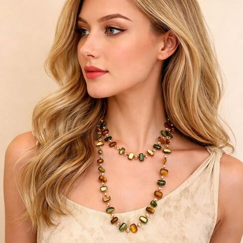 Colorful Irregular Beaded Long Necklace for Women Boho Handmade Shell & Glass Bead Choker Vintage Chunky Layered Necklace Summer Beach Vacation Jewelry for Daily Wear Gifts in Saudi Arabia