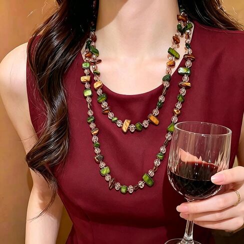 Colorful Irregular Beaded Long Necklace for Women Boho Handmade Shell & Glass Bead Choker Vintage Chunky Layered Necklace Summer Beach Vacation Jewelry for Daily Wear Gifts in Saudi Arabia