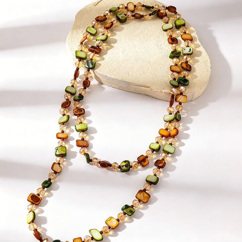 Colorful Irregular Beaded Long Necklace for Women Boho Handmade Shell & Glass Bead Choker Vintage Chunky Layered Necklace Summer Beach Vacation Jewelry for Daily Wear Gifts in Saudi Arabia