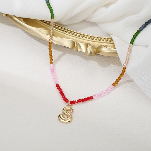 BriLove قلادة أولية مطرزة للنساء، قلادة على شكل حرف قوس قزح من الأحجار الكريمة الملونة المصنوعة يدويًا لمجوهرات الشاطئ الصيفية in Kuwait