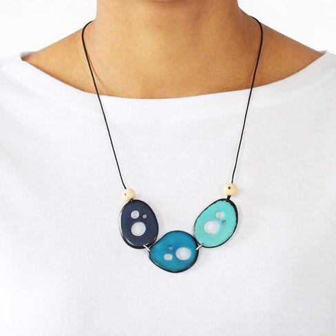 Tagua Necklace Chips in Dark Blue, Indigo, and Aquamarine, Adjustable, Handmade Fairtrade, Lightweight Tagua Nut Accessories in Kuwait