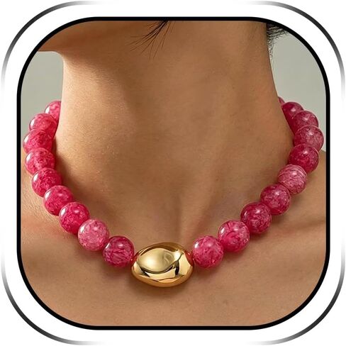 Chunky Beaded Necklace for Women, Statement Bead Choker with Gold Pendant, Short Collar Necklace for Summer Outfits, Resort Wear, Party Jewelry in Kuwait