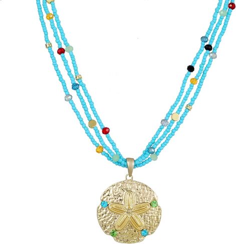 Perla Beaded Necklace for Women, Multi-Color Multi-Strand Statement Sand Dollar Pendant Necklace, Beach Starfish Pendant Necklace, Handcrafted Boho Ocean Summer Jewelry Gift in Saudi Arabia