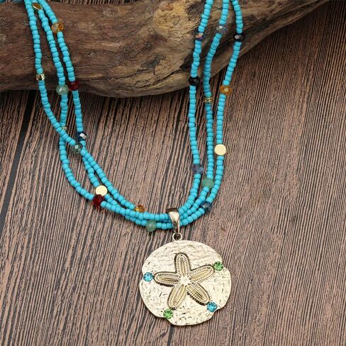Perla Beaded Necklace for Women, Multi-Color Multi-Strand Statement Sand Dollar Pendant Necklace, Beach Starfish Pendant Necklace, Handcrafted Boho Ocean Summer Jewelry Gift in Saudi Arabia