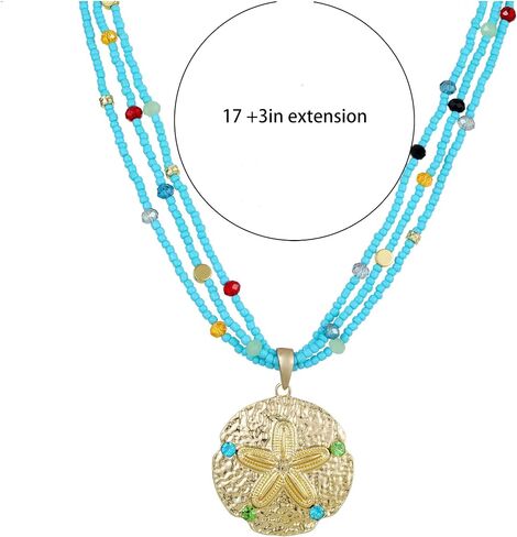Perla Beaded Necklace for Women, Multi-Color Multi-Strand Statement Sand Dollar Pendant Necklace, Beach Starfish Pendant Necklace, Handcrafted Boho Ocean Summer Jewelry Gift in Saudi Arabia