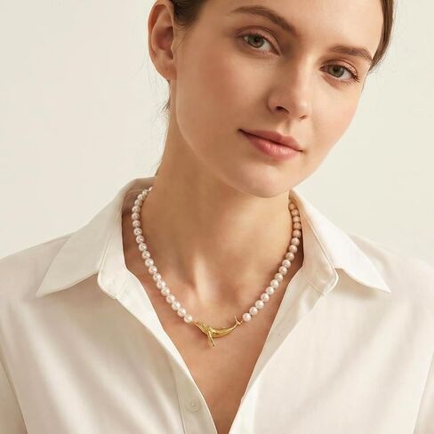 14K Gold-Plated and Created Pearl Strand Necklace With Whale Pendant 丨18 Inch Strand丨Unique Sea Animal Themed Jewelry Gift for Anniversary Wedding Her Mom Women Wife in Saudi Arabia