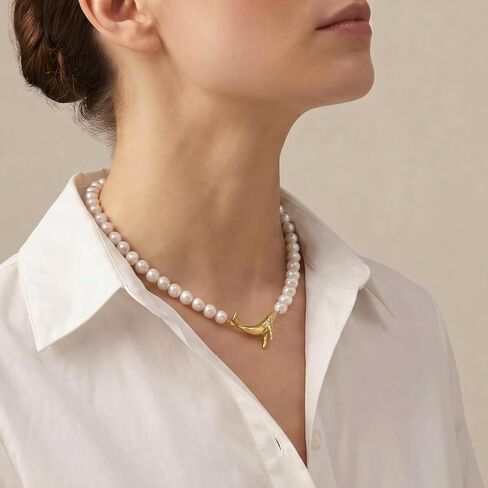 14K Gold-Plated and Created Pearl Strand Necklace With Whale Pendant 丨18 Inch Strand丨Unique Sea Animal Themed Jewelry Gift for Anniversary Wedding Her Mom Women Wife in Saudi Arabia