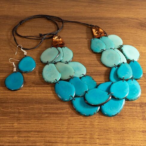 Light Blue Jewelry nut tagua necklace with earrings free, adjustable cord, handmade necklaces, tagua jewerly - Los Rios in Kuwait