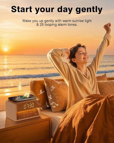 Sunrise Alarm Clock with Wireless Charger, White Noise Sound Machine with 20 Soothing Sounds, Wake Up Light Sunlight Simulator, Bedroom Desk Clock for Heavy Sleepers Kids Adults in Kuwait