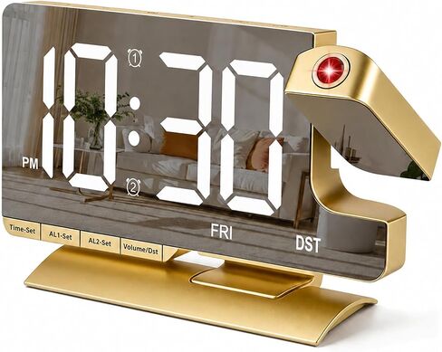 Projection Alarm Clock for Bedroom Ceiling, Digital Mirror Alarm Clock with 180° Rotatable Projector, 7.3" Large LED Display, Dual Alarm, USB & Type-C Charger, Loud Alarm for Heavy Sleepers Gold in Saudi Arabia