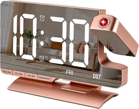 Projection Alarm Clock for Bedroom Ceiling, Digital Mirror Alarm Clock with 180° Rotatable Projector, 7.3" Large LED Display, Dual Alarm, USB & Type-C Charger, Loud Alarm for Heavy Sleepers Gold in Saudi Arabia