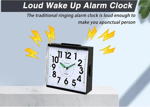 Tinload 4.7" Loud Bell Alarm Clock for Heavy Sleepers Adults, Silent No Ticking, Snooze, Lighted on Demand, Battery Operated Alarm Clocks for Bedrooms, Black in Saudi Arabia