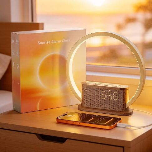 Alarm Clock with Sunrise & Sleep Sound Machine – Natural Wake-Up Light, Dual Alarms & Snooze, 20 Soothing Sounds, Dimmable Clock & Night Light, for Heavy Sleepers & Adults, Deep Wood Grain in Kuwait