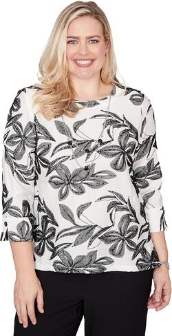 Alfred Dunner Women's Embroidered Flower Top with Necklace in Kuwait