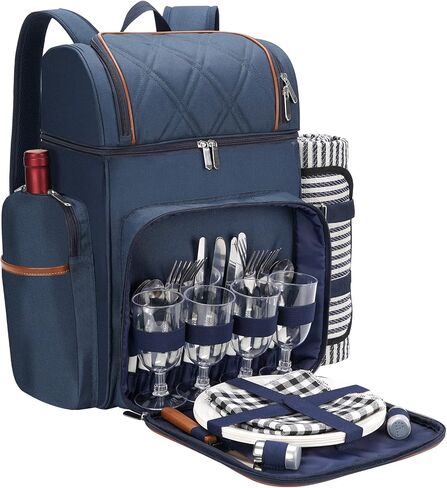 Picnic Backpack for 4,Picnic Basket Set,Leakproof Picnic Bag,Beach Cooler Backpack with Insulated Cooler Wine Pouch,Picnic Blanket, Double Deck Picnic Backpack for Beach,Camping,Park(Navy Blue) in Kuwait
