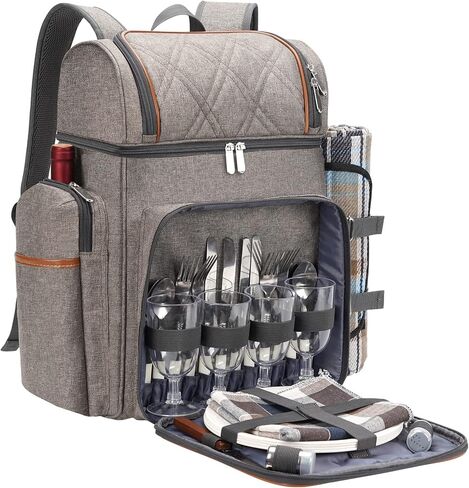 Picnic Backpack for 4,Picnic Basket Set,Leakproof Picnic Bag,Beach Cooler Backpack with Insulated Cooler Wine Pouch,Picnic Blanket, Double Deck Picnic Backpack for Beach,Camping,Park(Navy Blue) in Kuwait